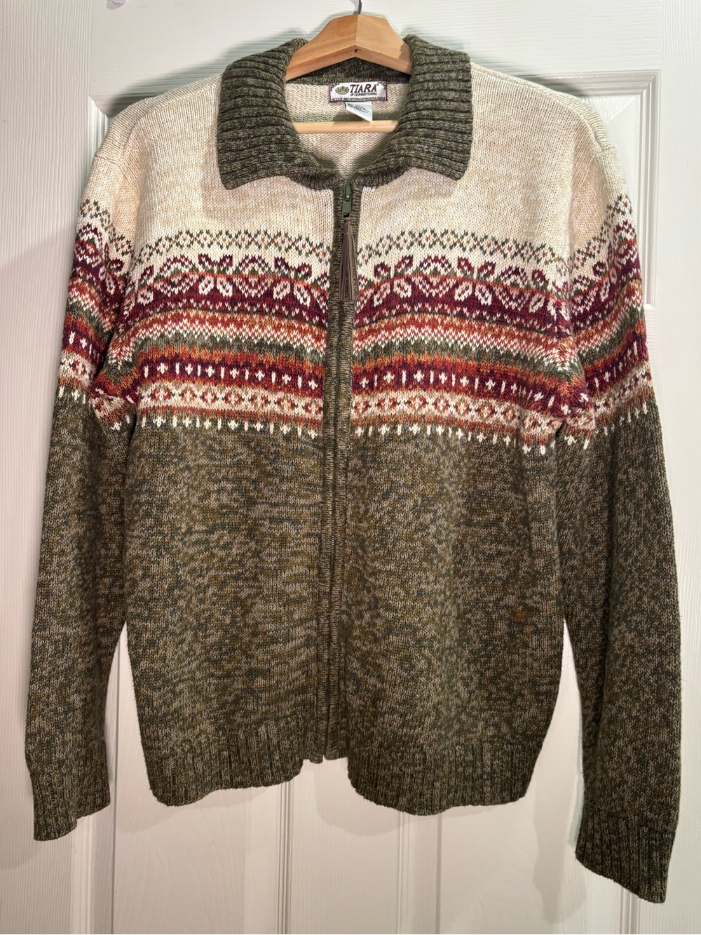 Vintage Zip-Up Fair Isle Print Knit Sweater Size L Grannycore Festive Fall Y2K